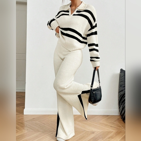 2024 Autumn/Winter Women Striped Lapel V-Neck Knitted Pullover
